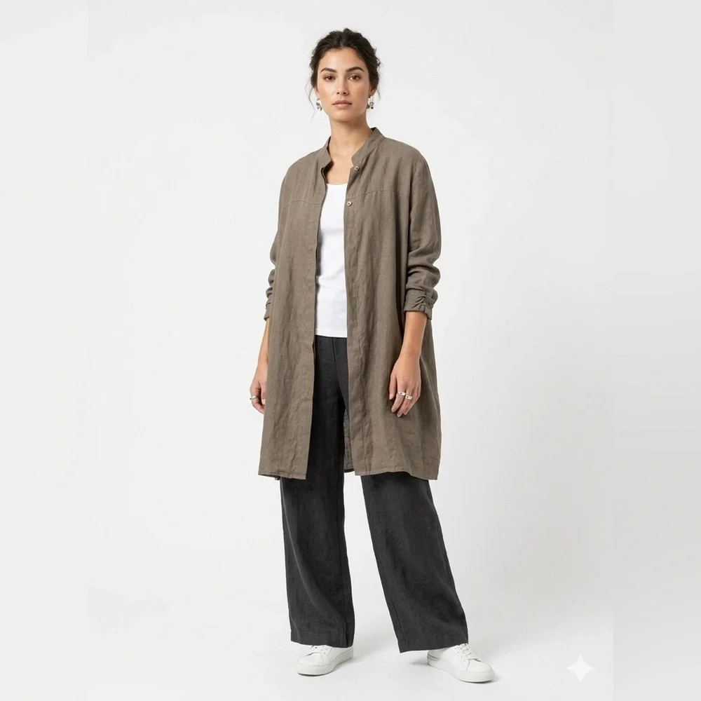 Sarah Pacini Italy 100% Linen Lagenlook Shirt Jacket Taupe S Granola Gorpcore - Picture 12 of 12
